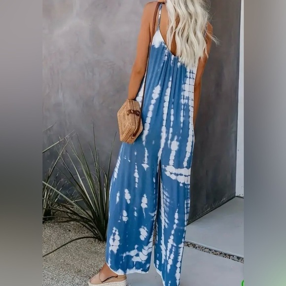 NIP Boho Tie Dye Print Cami V Neck Wide Leg Pocket Spaghetti Strap Jumpsuit S - Picture 10 of 13